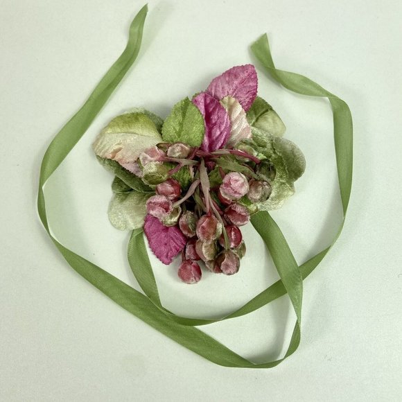 Vtg Louise Green Velvet Leafy Floral Headpiece w/ Ribbon Buds Whimsy Pink Green